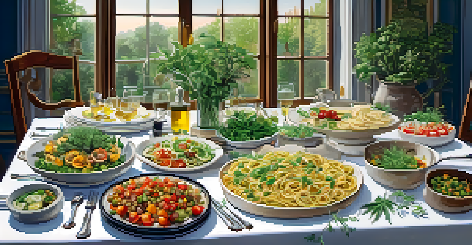 An elegantly set dining table with infused dishes and herbs, creating a warm and inviting atmosphere.