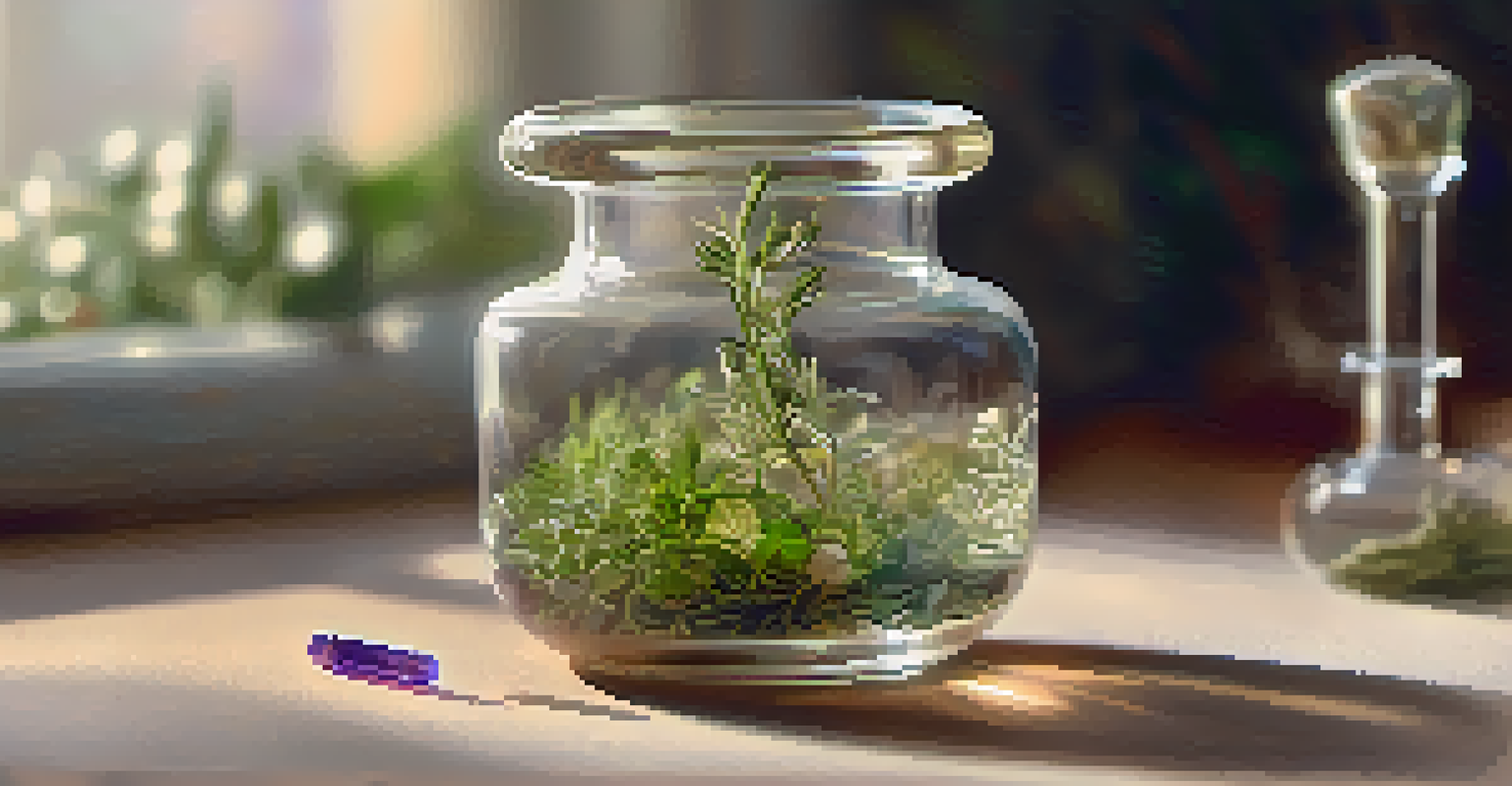 A close-up of a hand holding a glass vial filled with colorful herbs, set against a softly blurred background.