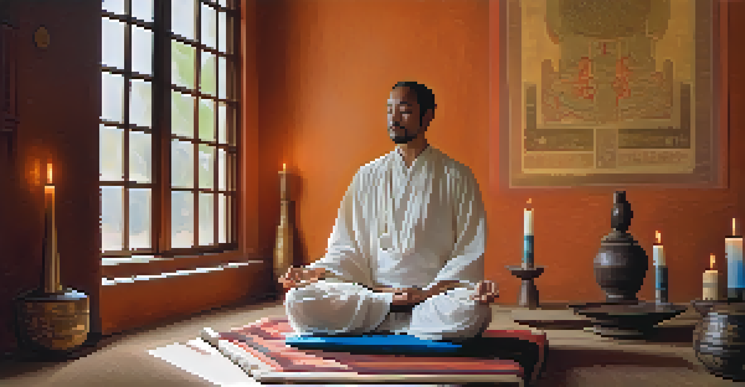 A peaceful meditation space with a person meditating, surrounded by candles and incense, with a bowl of bhang beside them.