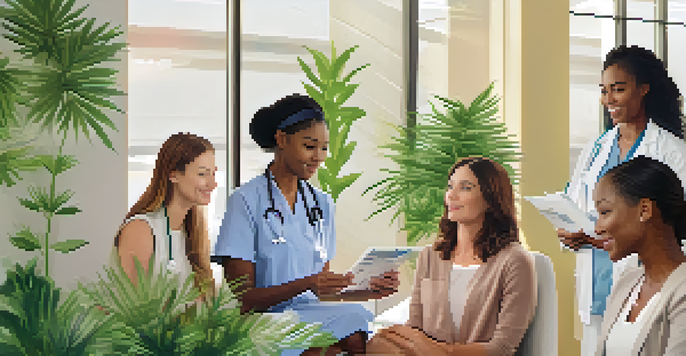 A female healthcare provider talking to a diverse group of women in a bright, welcoming healthcare setting about medical marijuana options.