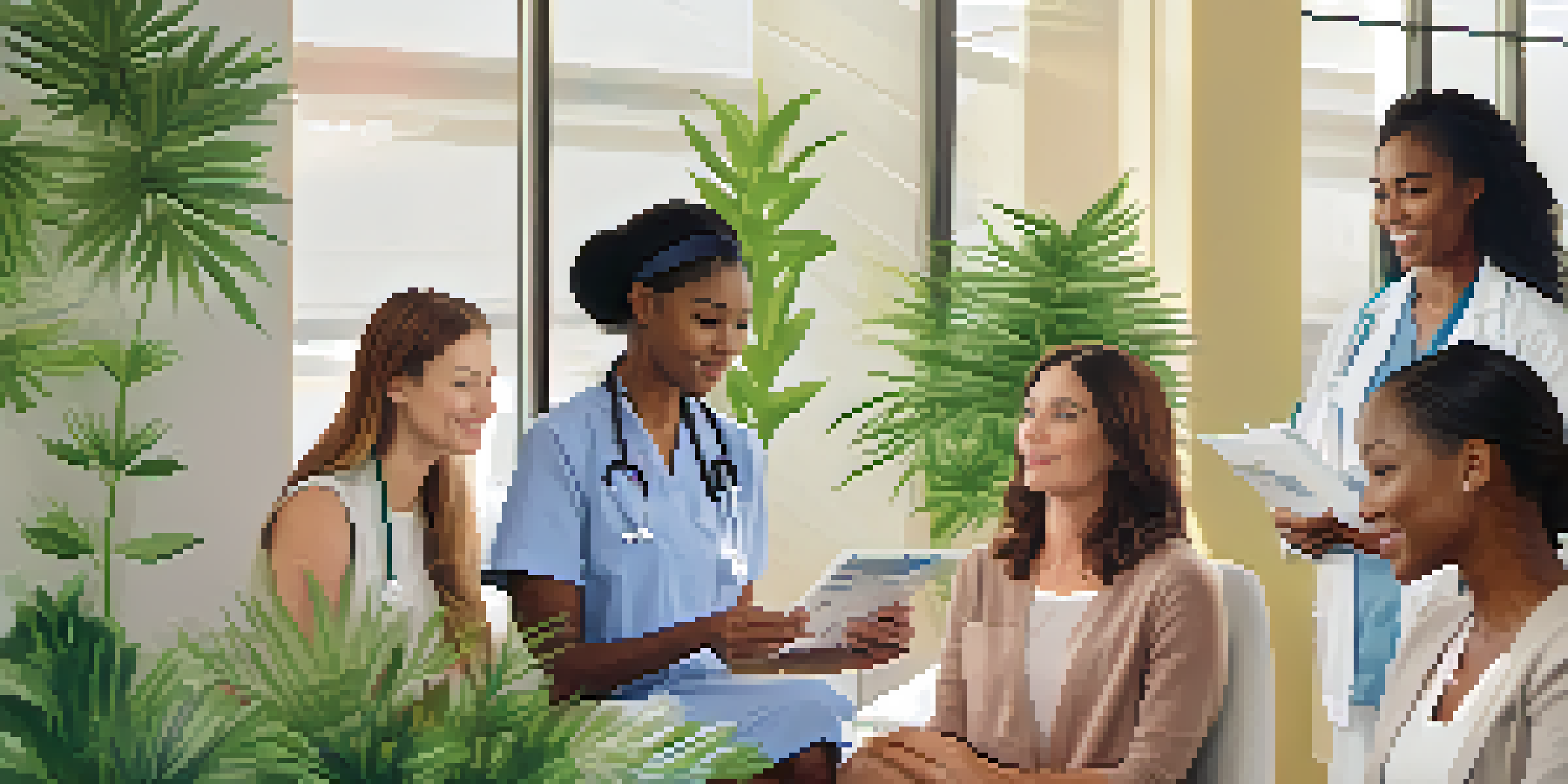 A female healthcare provider talking to a diverse group of women in a bright, welcoming healthcare setting about medical marijuana options.