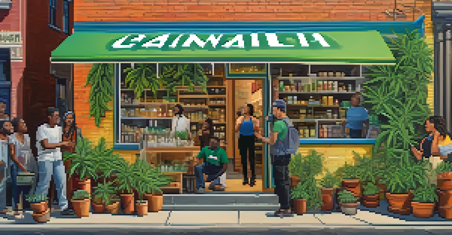An inviting cannabis shop in an urban setting, with diverse customers and colorful signage, reflecting community engagement.