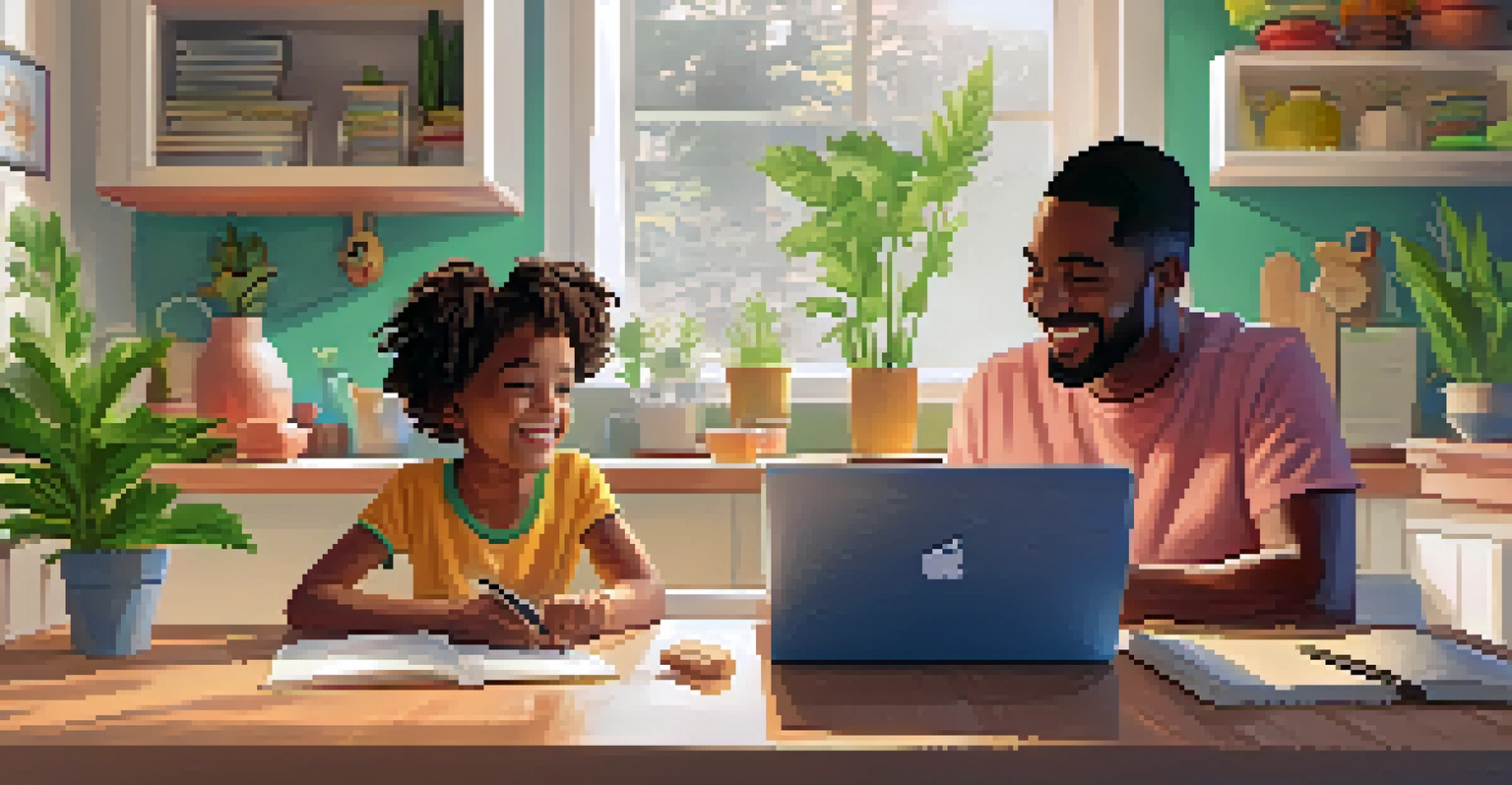 A parent and child engaging in research about marijuana, sharing knowledge in a bright kitchen setting.