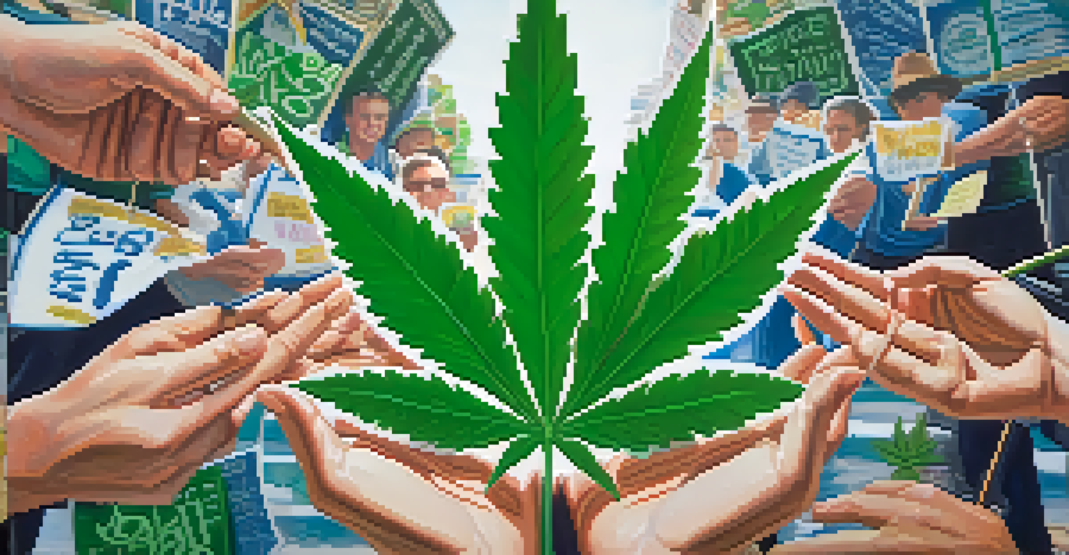 Close-up of hands holding a green marijuana leaf with supportive community posters in the background.