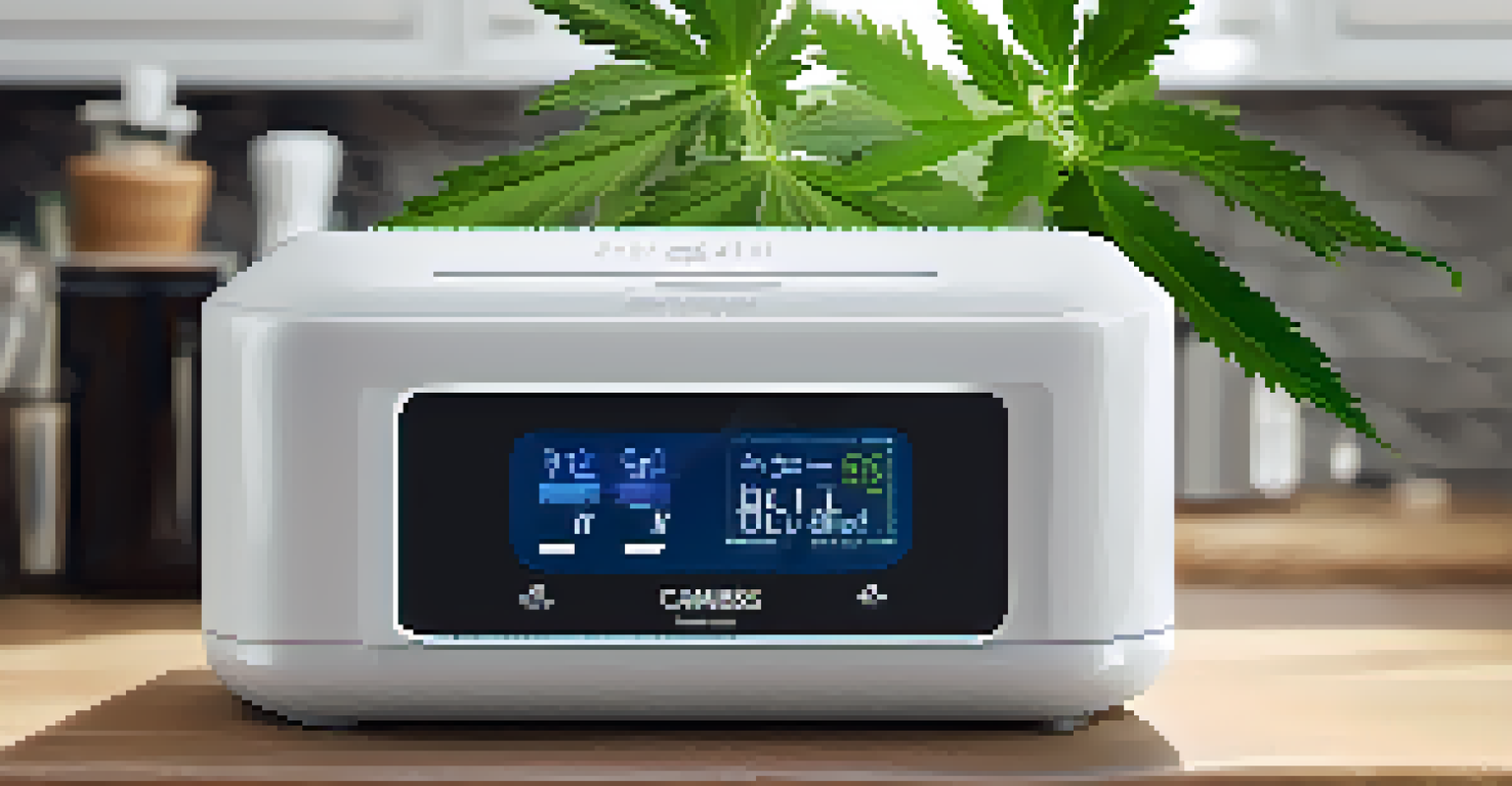 A smart cannabis storage device with a digital display on a kitchen countertop next to a potted cannabis plant, illuminated by natural light.