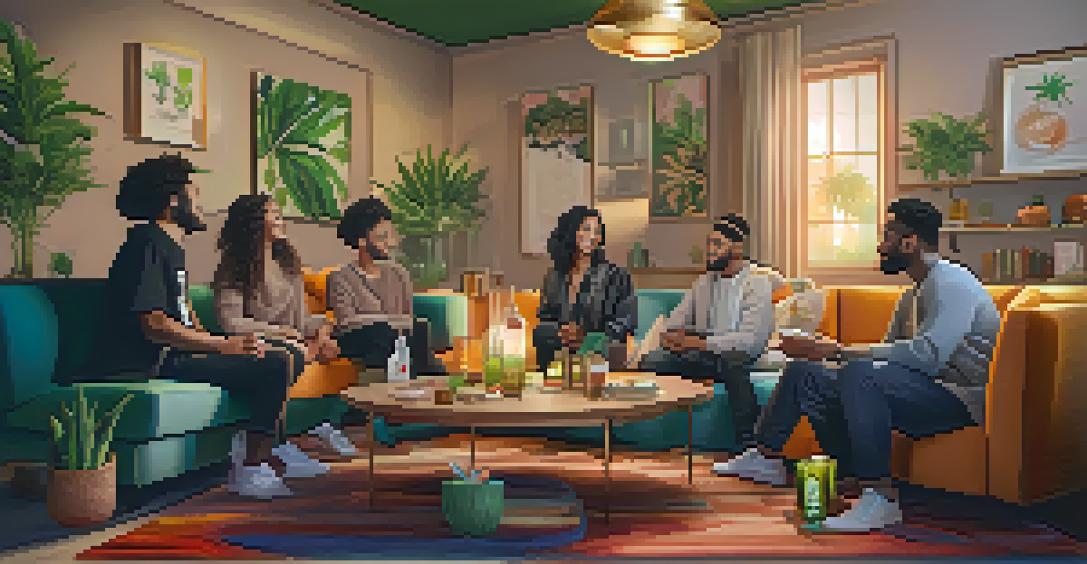 A cozy living room with friends of various genders enjoying cannabis products in a warm and inviting atmosphere, promoting social consumption.