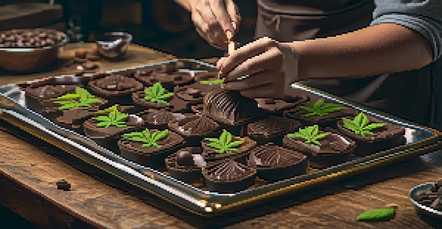 An artisan making cannabis-infused chocolates, showcasing rich chocolate textures and vibrant cannabis ingredients on a wooden table.