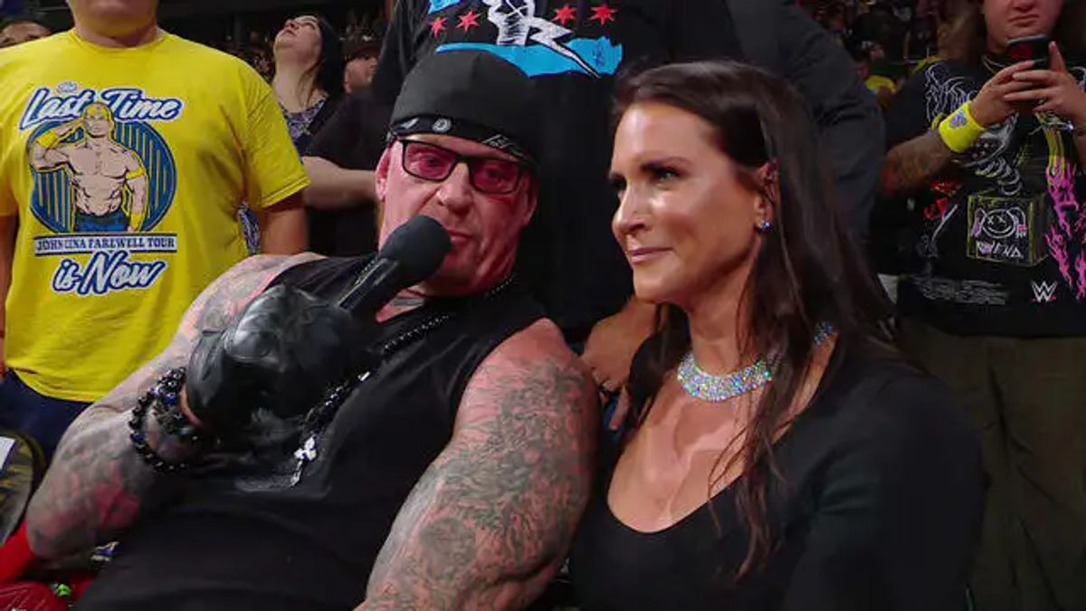 The Undertaker and Stephanie McMahon sitting together at ringside at WWE WrestlePalooza 2025.