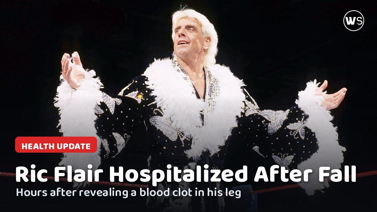Ric Flair in his robe in the ring, with the words Ric Flair Hospitalized After Fall