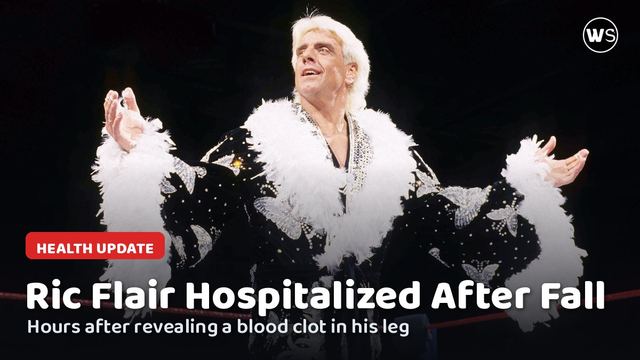 Ric Flair in his robe in the ring, with the words Ric Flair Hospitalized After Fall