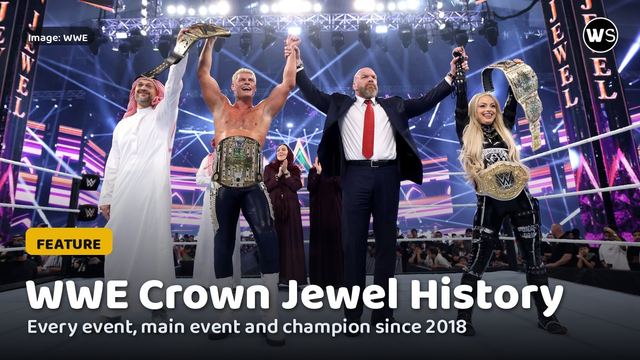 Cody Rhodes and Liv Morgan celebrating as the first Crown Jewel Champions in 2024