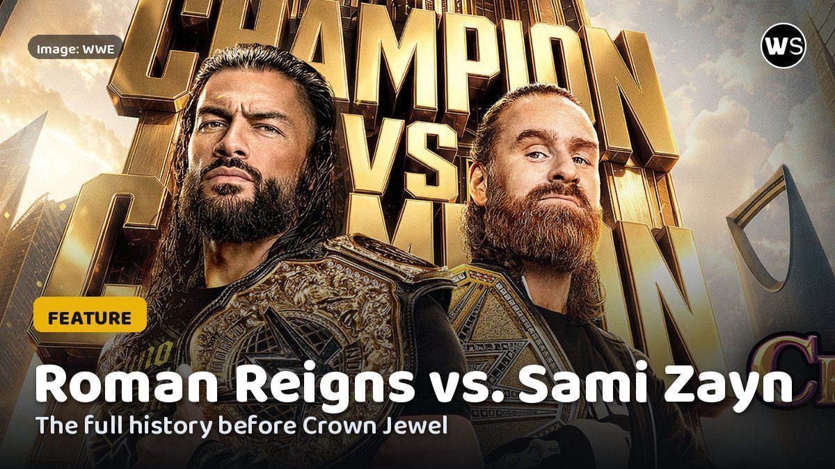 Roman Reigns and Sami Zayn with their championships on the Crown Jewel 2026 poster