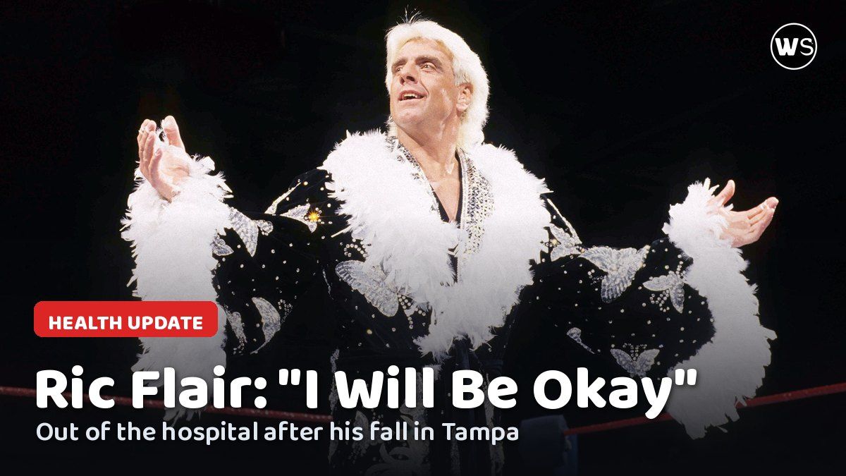 Ric Flair in his robe in the ring, with the words Ric Flair: I Will Be Okay