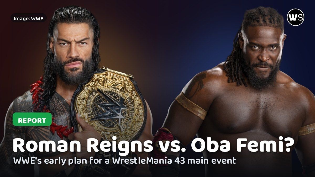 Roman Reigns with the World Heavyweight Championship and Oba Femi, side by side
