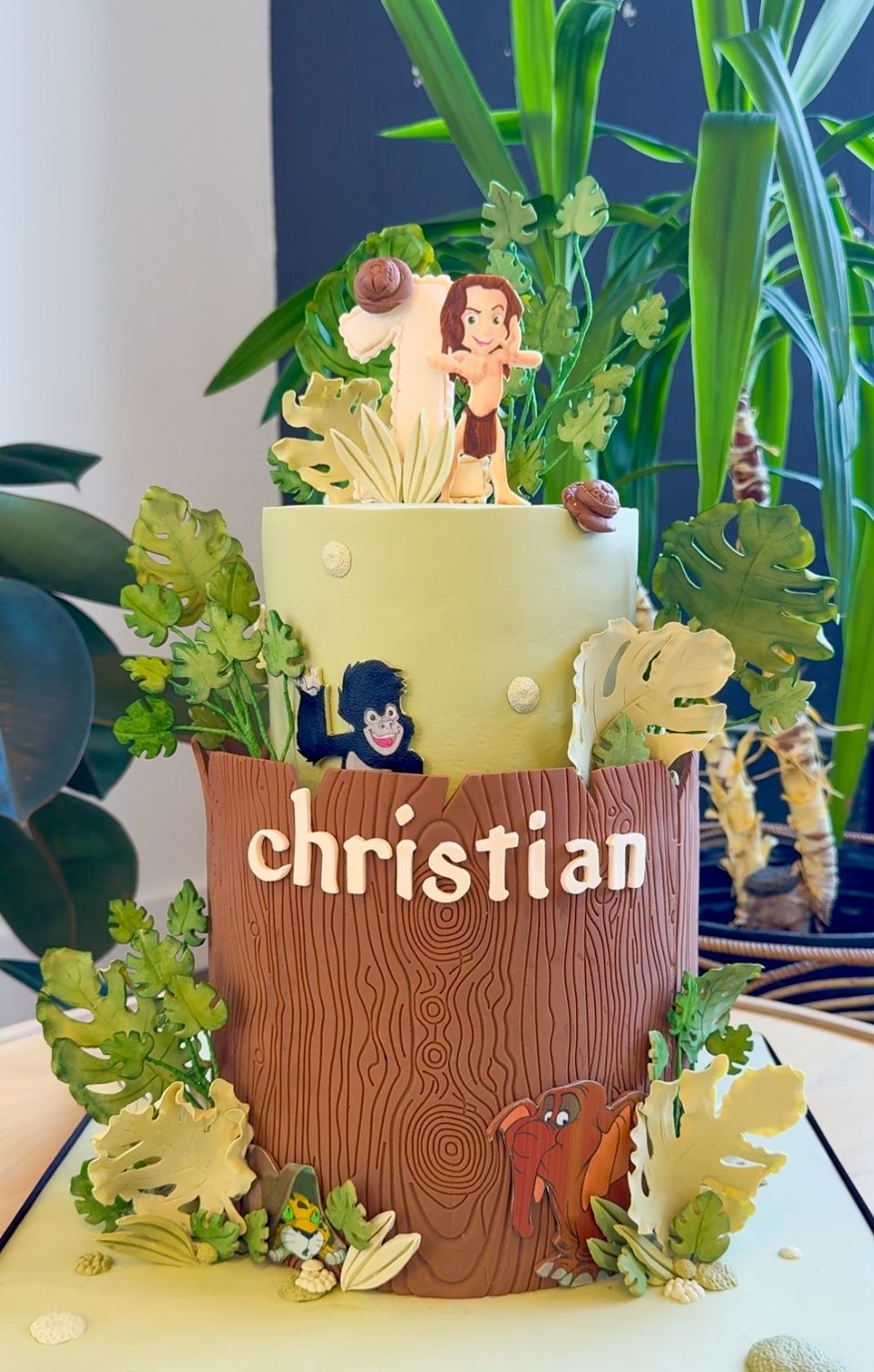 Tarzan themed cake with hand-sculpted leaves and monstera plants