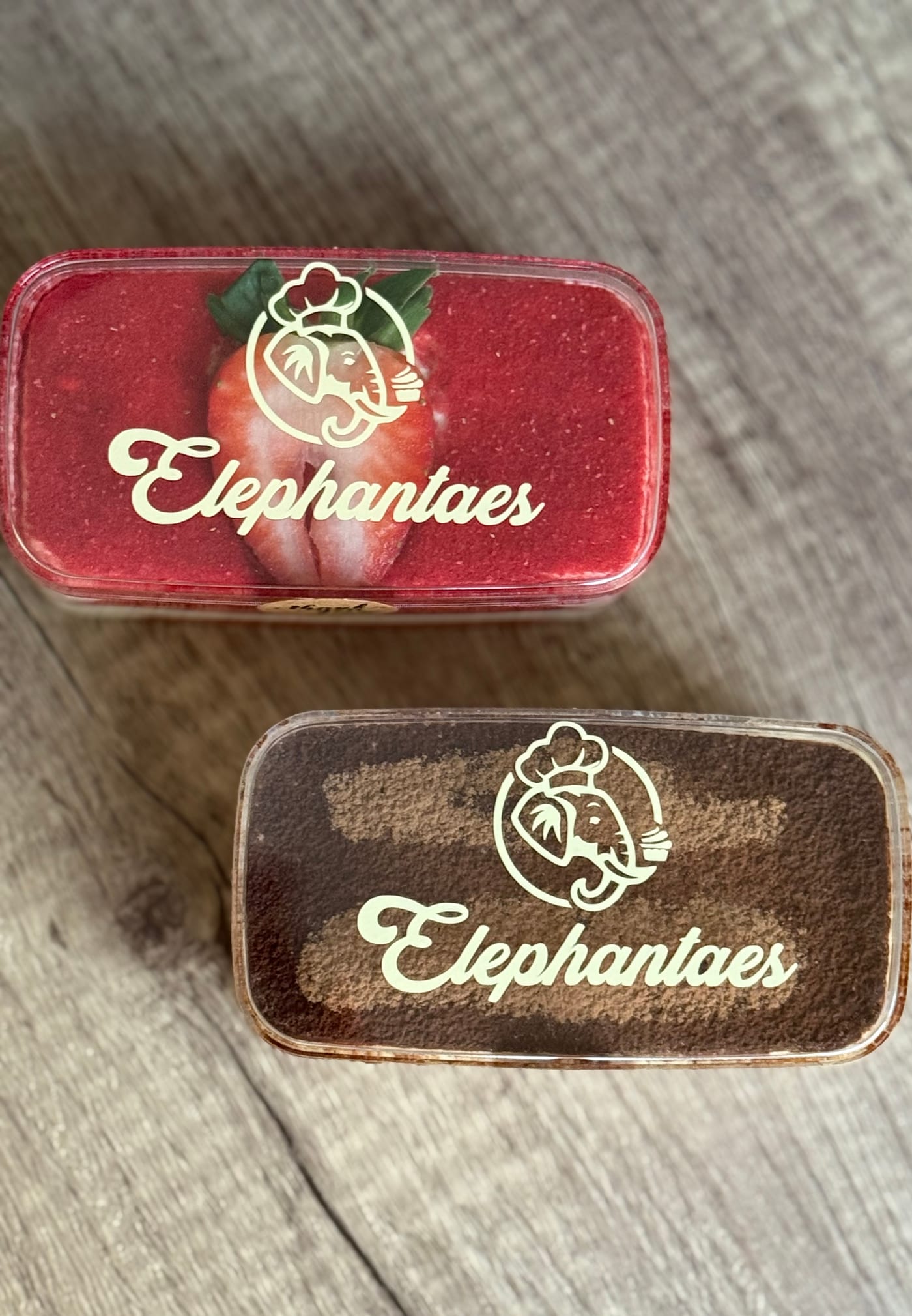 Strawberry and Classic tiramisu side by side with Elephantaes branded packaging