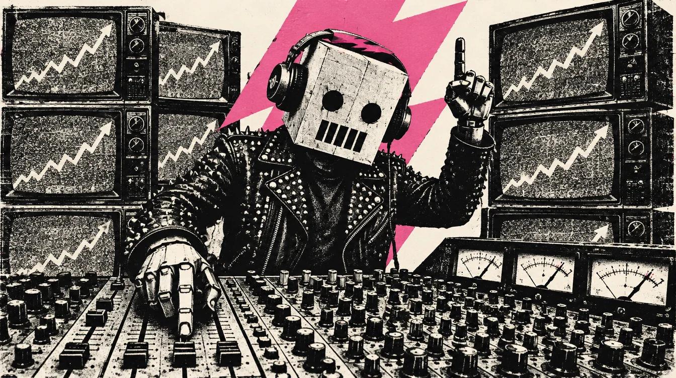 Robot de carton como DJ en una mesa de mezclas llena de perillas y vumetros, televisores con lineas ascendentes; poster fotocopiado con rayo rosa