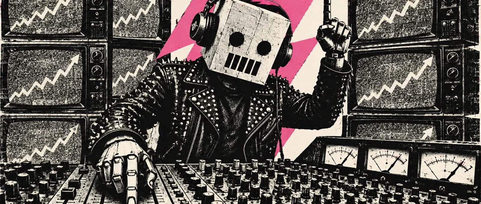 Robot de carton como DJ en una mesa de mezclas llena de perillas y vumetros, televisores con lineas ascendentes; poster fotocopiado con rayo rosa