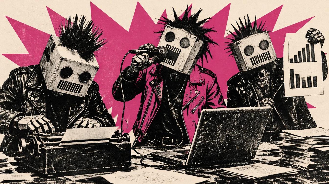 Banda punk de robots de carton en un escritorio: uno escribe a maquina, otro grita al microfono conectado al portatil y otro muestra graficas; poster fotocopiado con fondo rosa