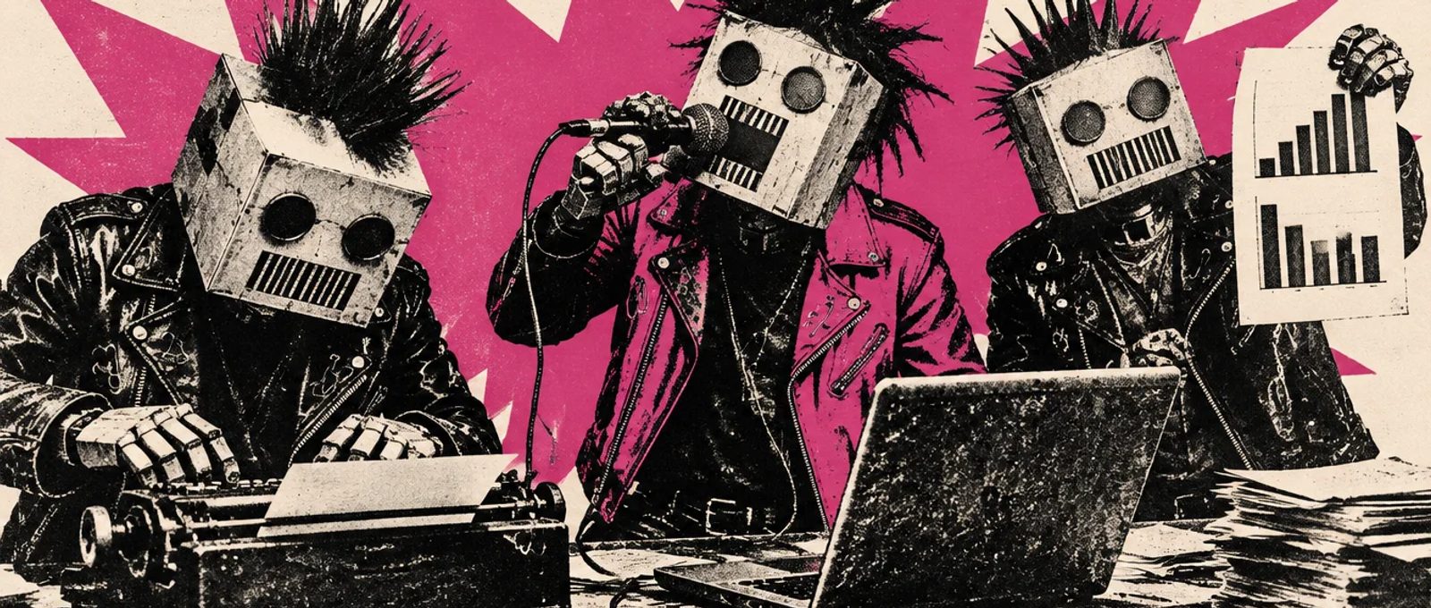 Banda punk de robots de carton en un escritorio: uno escribe a maquina, otro grita al microfono conectado al portatil y otro muestra graficas; poster fotocopiado con fondo rosa