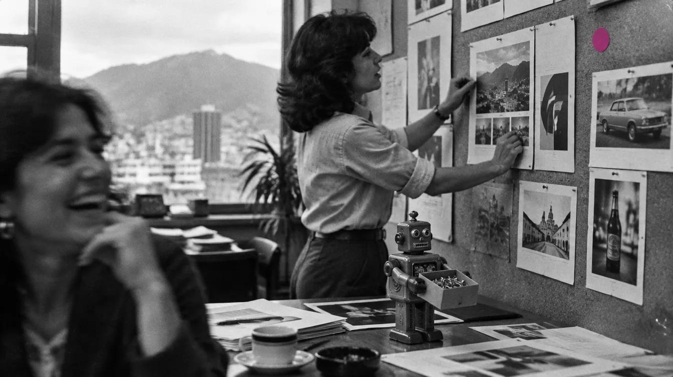 Directora creativa fijando bocetos en un tablero de corcho mientras un robot de lata sostiene las chinchetas, agencia de publicidad de los años setenta
