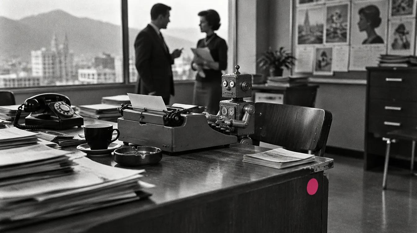 Robot de lata de juguete trabajando en una máquina de escribir en una agencia de publicidad de los años sesenta, con colegas humanos al fondo