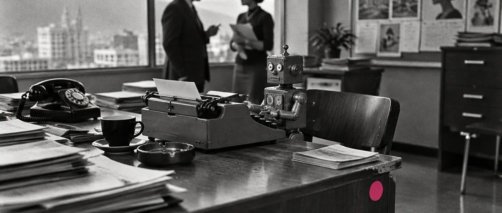 Robot de lata de juguete trabajando en una máquina de escribir en una agencia de publicidad de los años sesenta, con colegas humanos al fondo