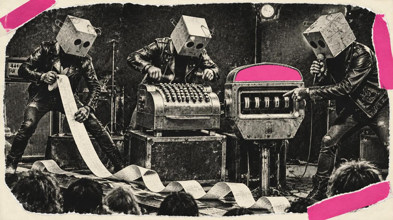 Afiche punk fotocopiado: tres robots con cabeza de caja de cartón tocan un taxímetro y una caja registradora como si fuera un concierto