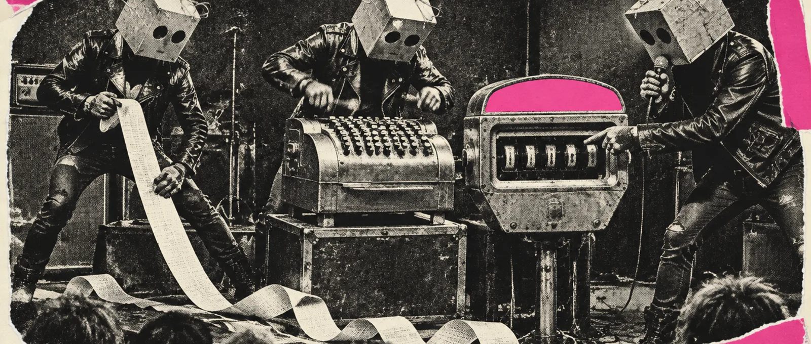 Afiche punk fotocopiado: tres robots con cabeza de caja de cartón tocan un taxímetro y una caja registradora como si fuera un concierto