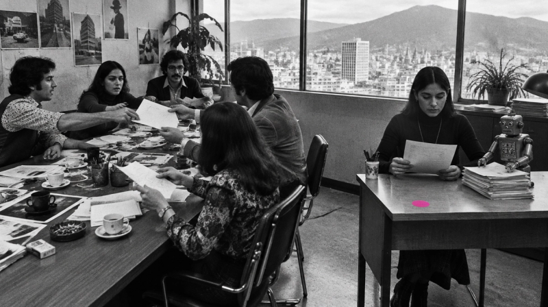 Dos formas de trabajar en una agencia: una mesa llena de gente pasándose papeles y, al lado, una persona revisando una sola hoja con un robot de lata ordenando el resto
