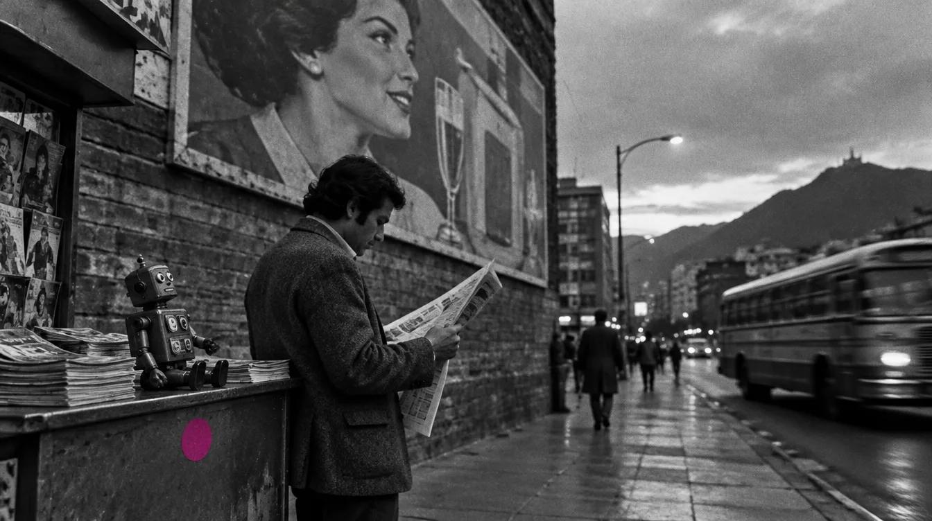Hombre leyendo el periódico bajo una valla publicitaria pintada en Bogotá, con un robot de lata en el mostrador de un puesto de revistas