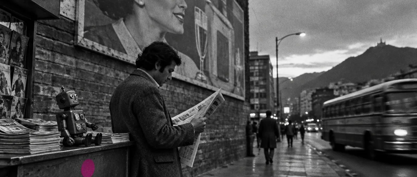 Hombre leyendo el periódico bajo una valla publicitaria pintada en Bogotá, con un robot de lata en el mostrador de un puesto de revistas