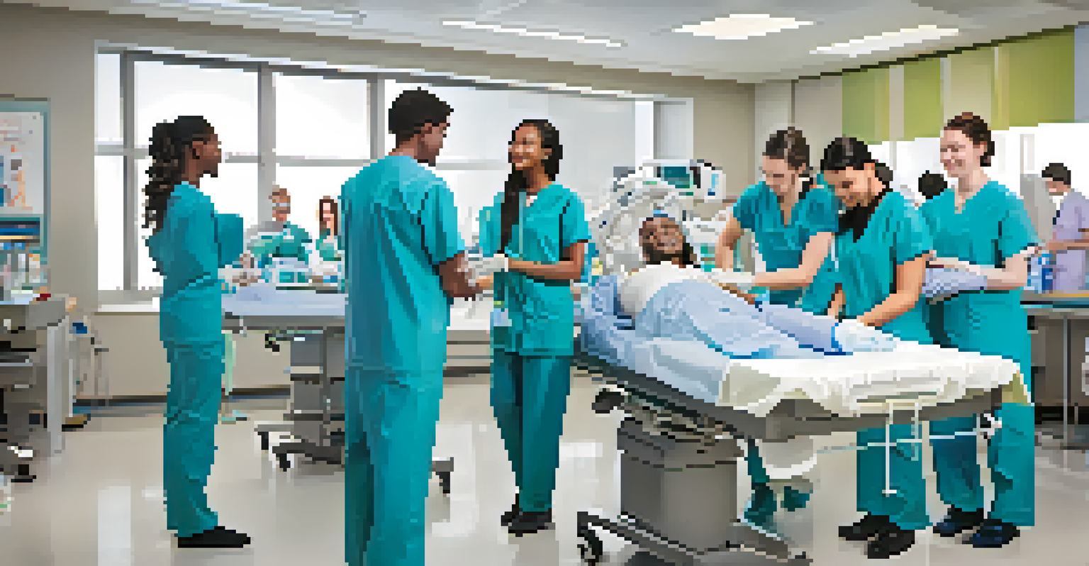 Healthcare students collaborating in a university lab, engaged in hands-on training with medical equipment.