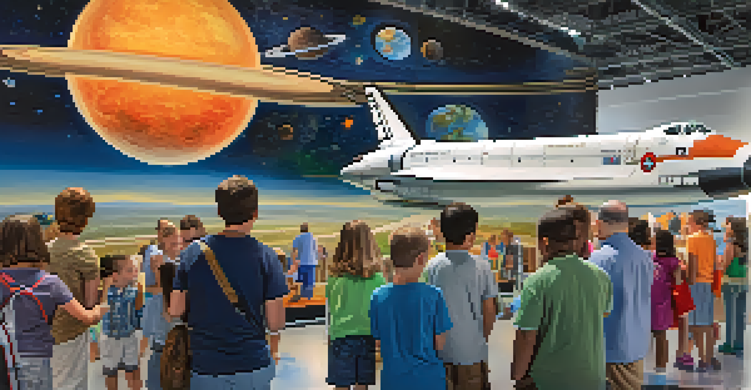 Families at the Kennedy Space Center, interacting with exhibits and observing real rockets and shuttles in a well-lit educational environment.