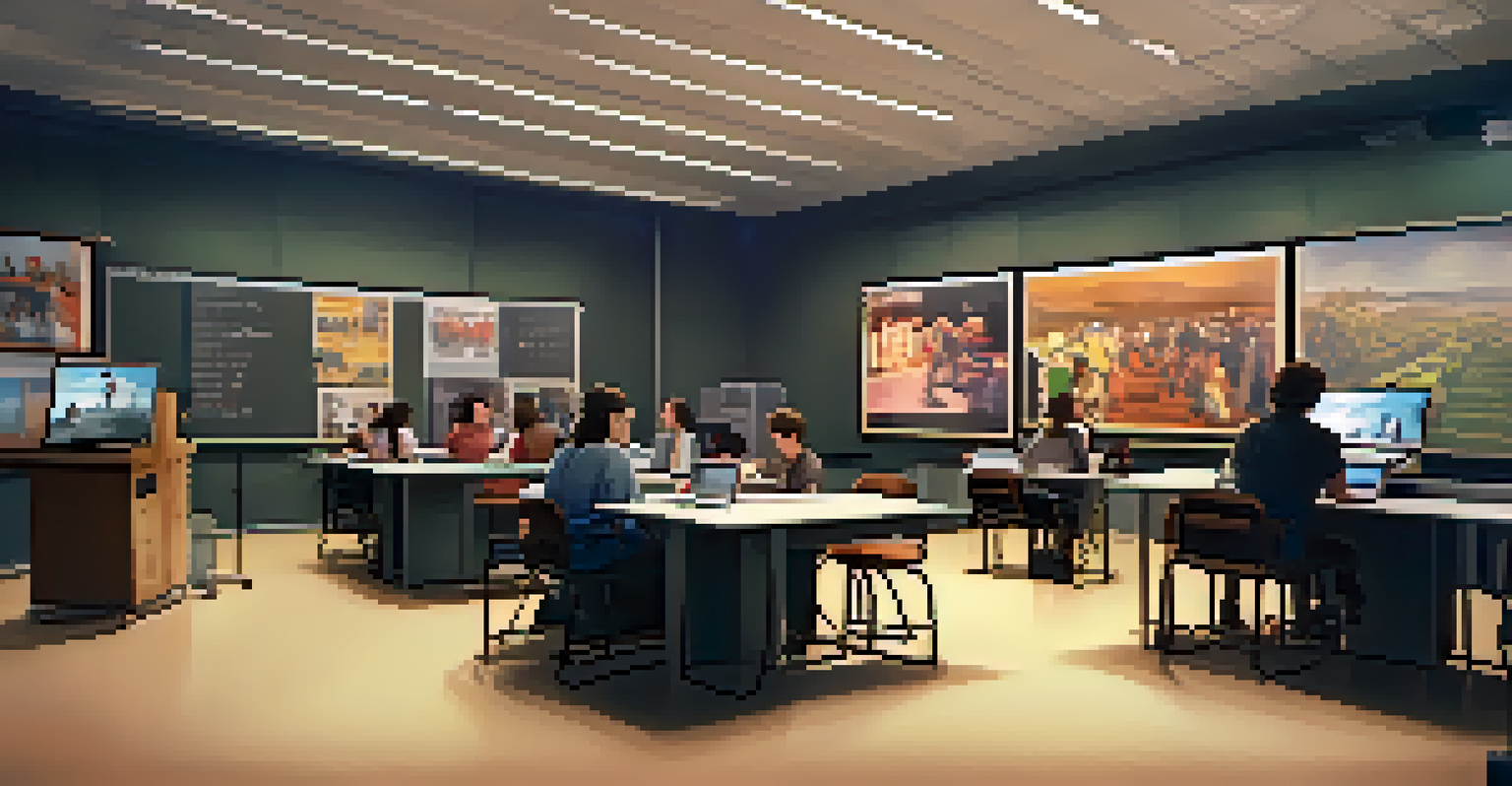University film classroom with students learning about filmmaking, featuring modern technology and film posters.