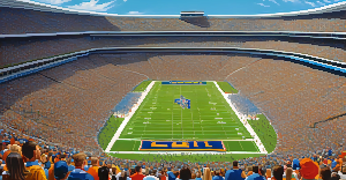 A lively college football stadium with fans in team colors, celebrating the game day atmosphere.