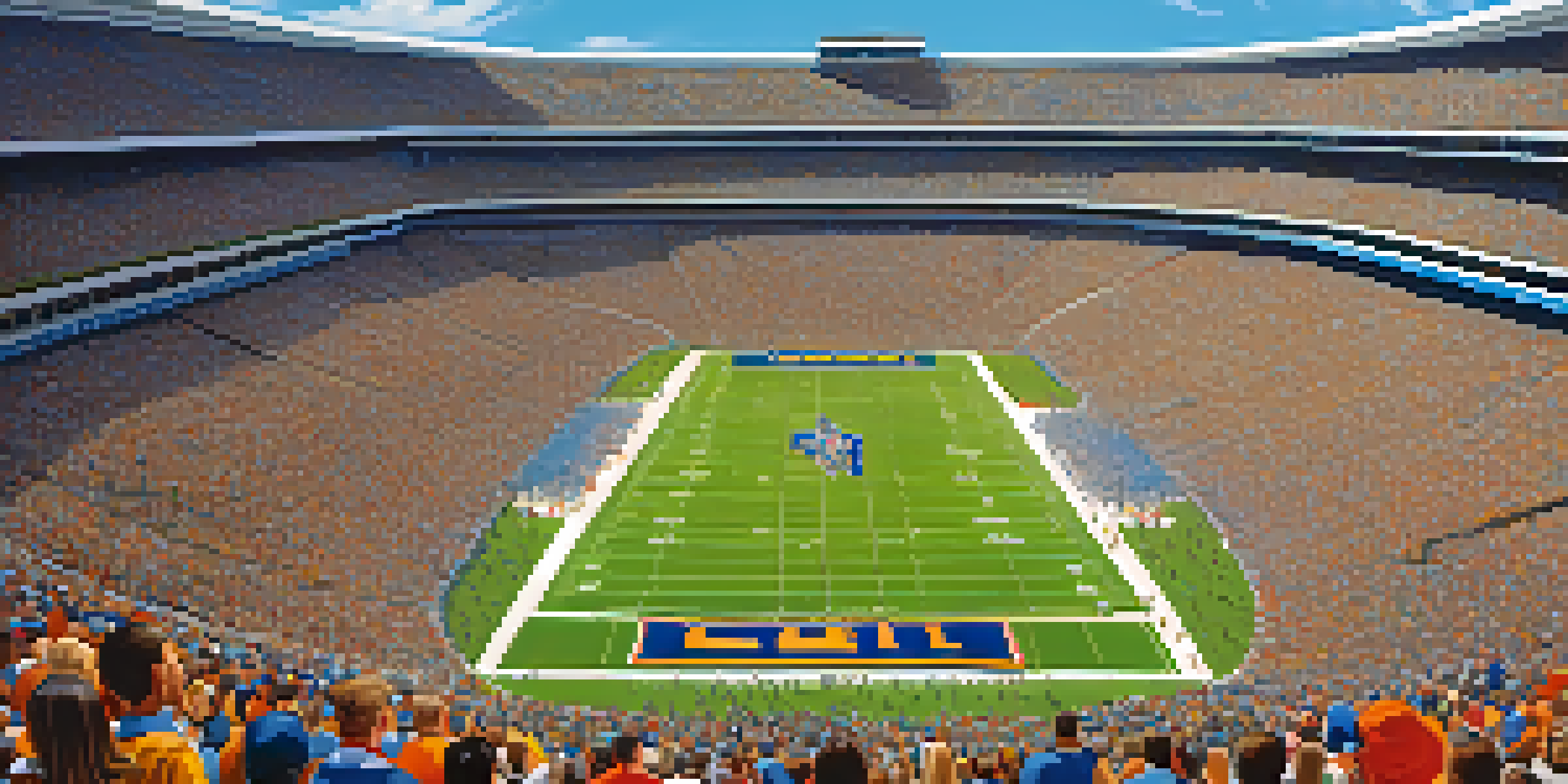 A lively college football stadium with fans in team colors, celebrating the game day atmosphere.