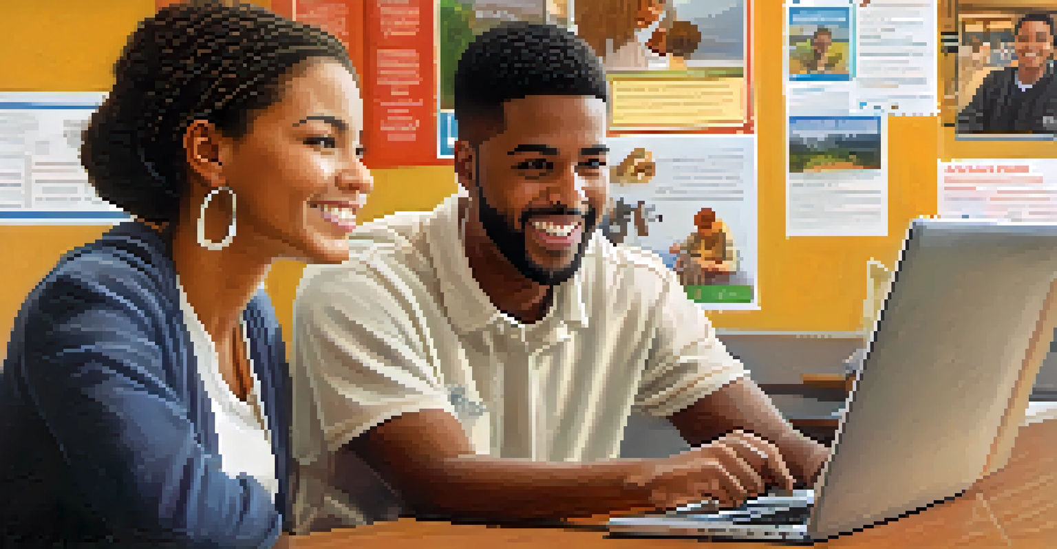 A mentor guiding a young adult in a community center, discussing career options on a laptop in a supportive environment.