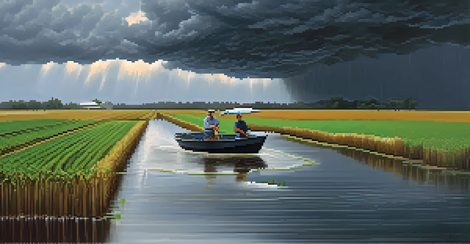 A farmer in a boat navigating a flooded field in Florida due to heavy rainfall, with dark clouds in the sky.