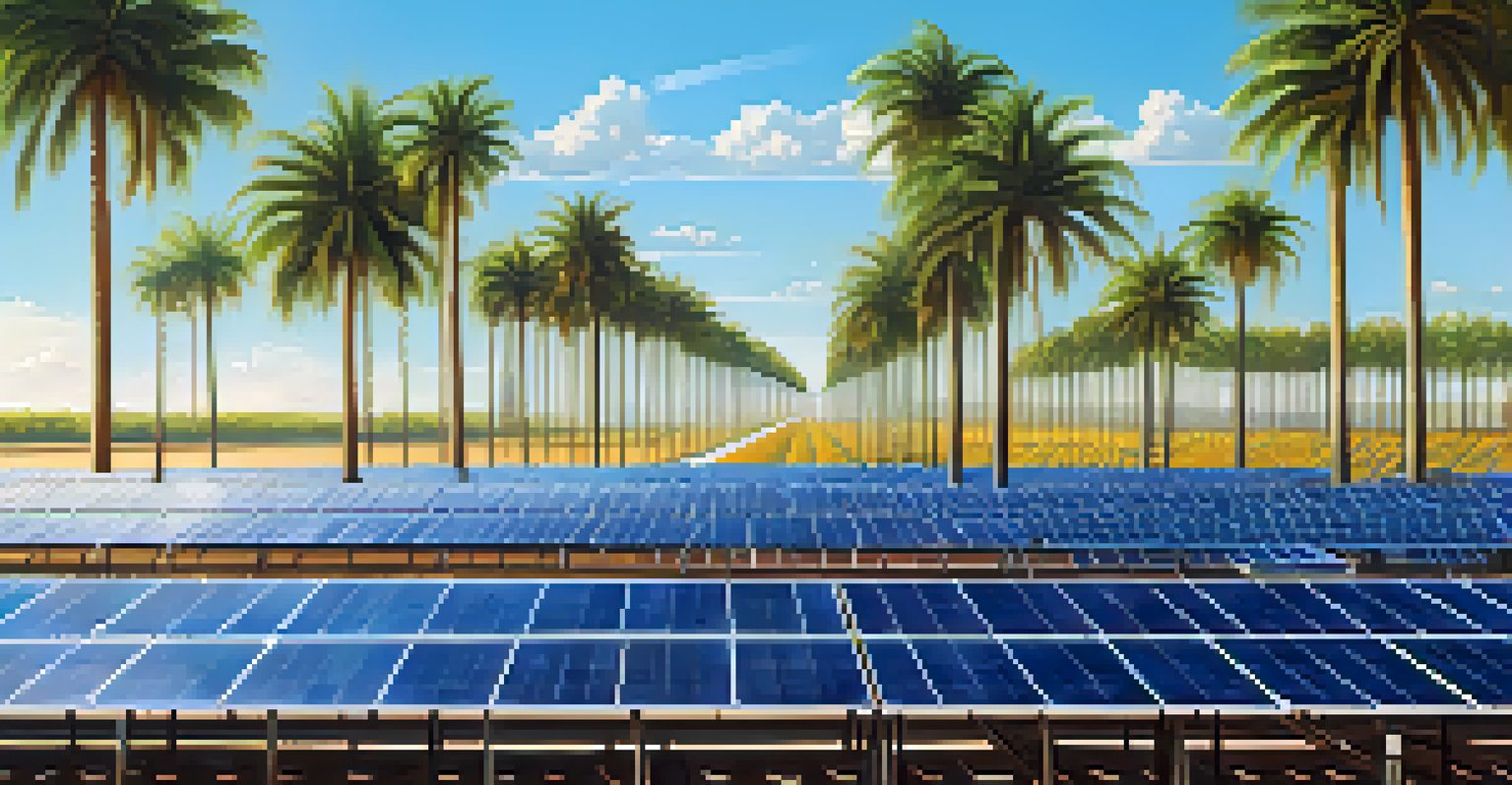 A vast solar farm in Florida with rows of solar panels and palm trees under a sunny sky.