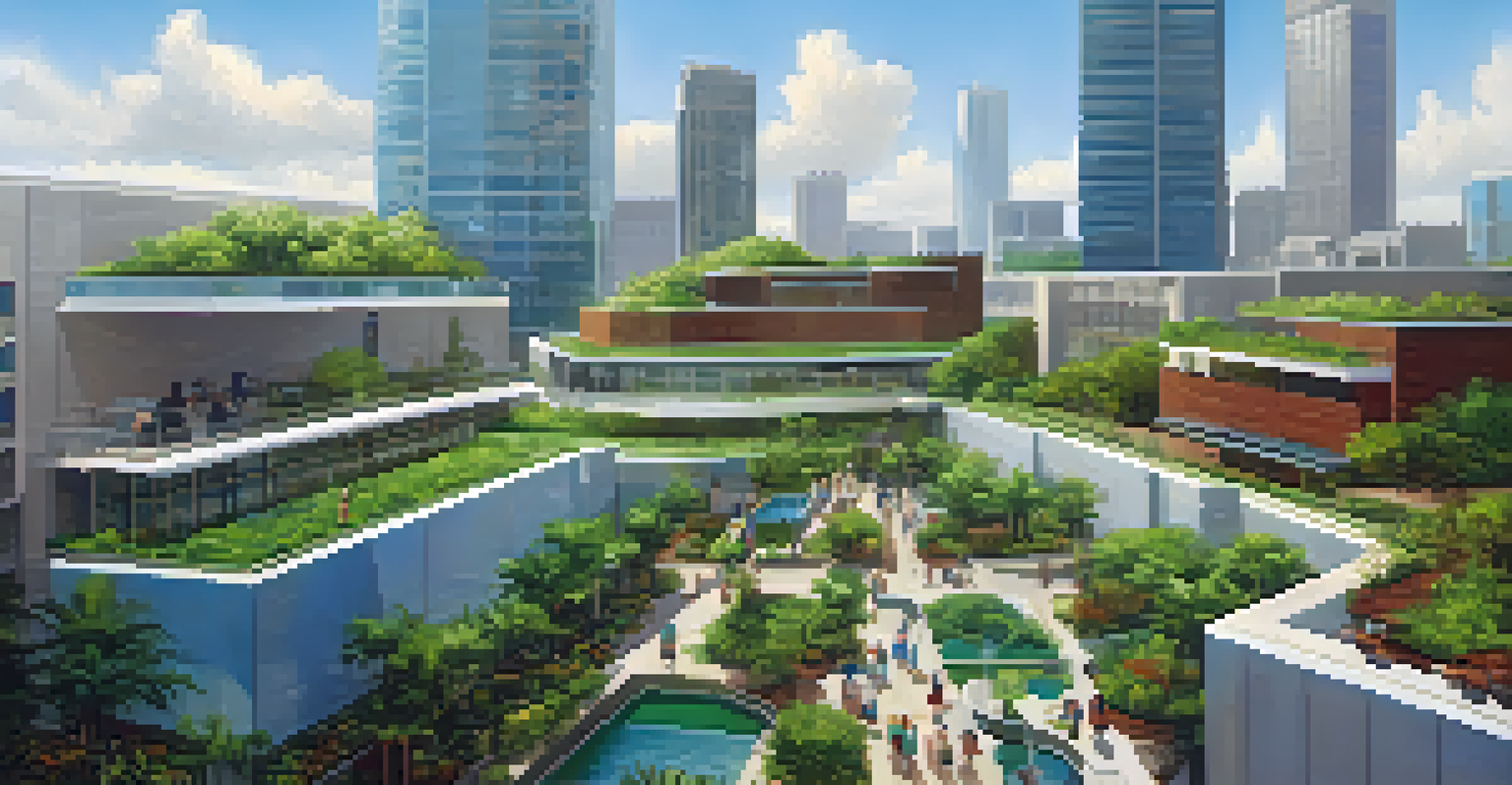 A modern Florida city with green infrastructure, including rain gardens and permeable pavements.