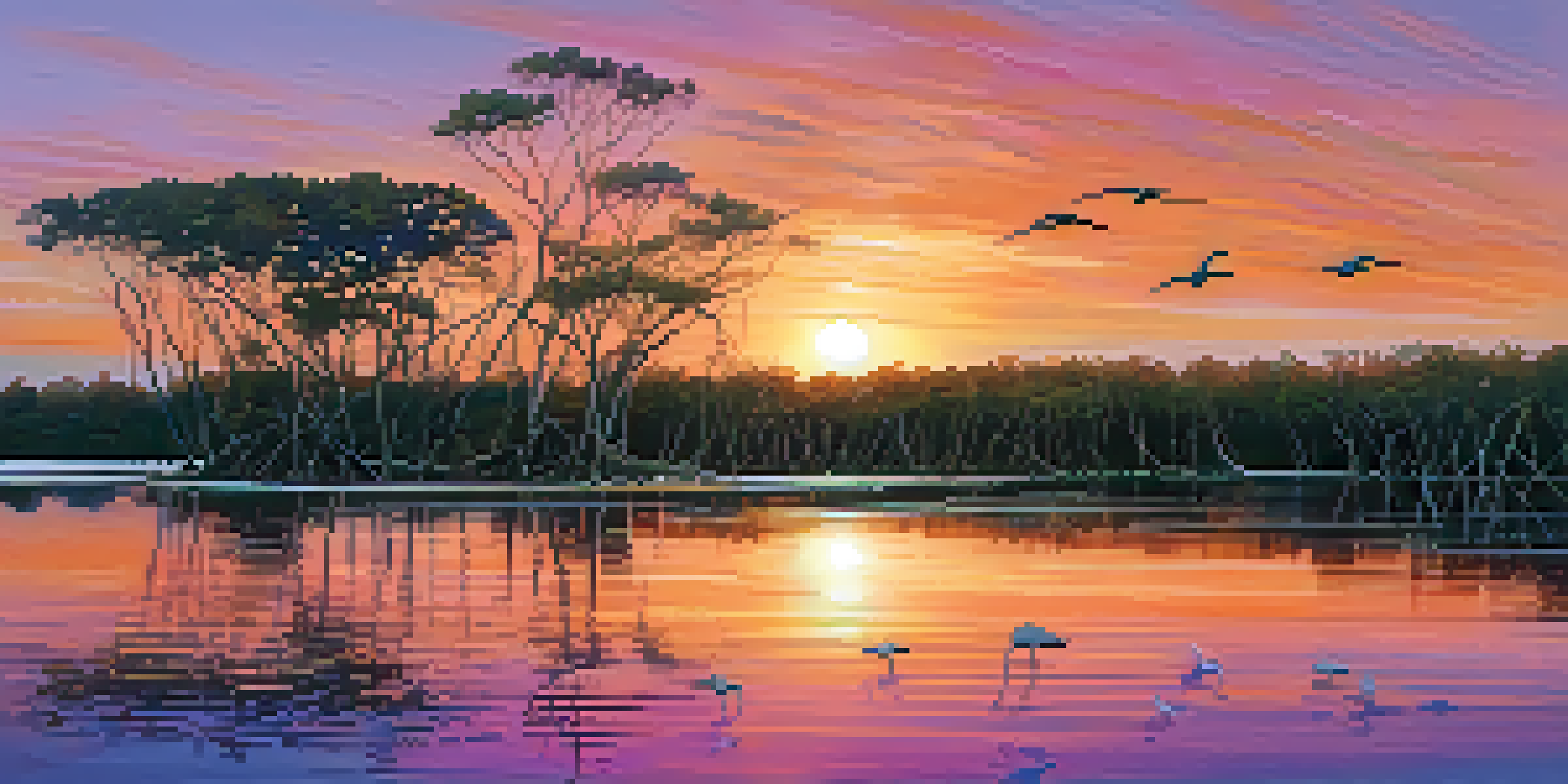 A vibrant sunset over a mangrove forest in Florida, with silhouettes of shorebirds flying in the background.