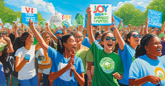 A lively outdoor rally featuring young activists of diverse backgrounds holding signs for climate change awareness, surrounded by greenery and a bright sky.