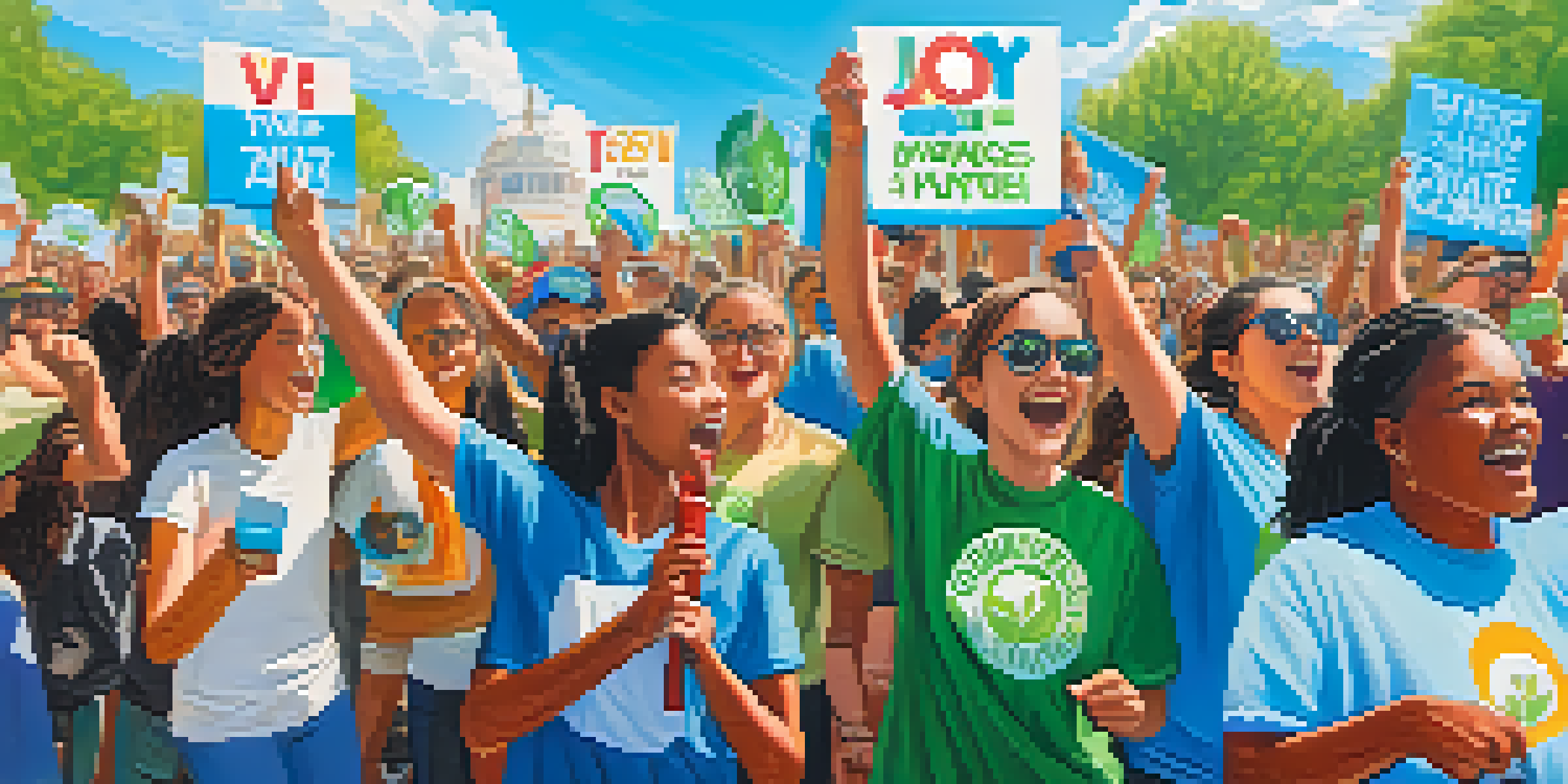 A lively outdoor rally featuring young activists of diverse backgrounds holding signs for climate change awareness, surrounded by greenery and a bright sky.
