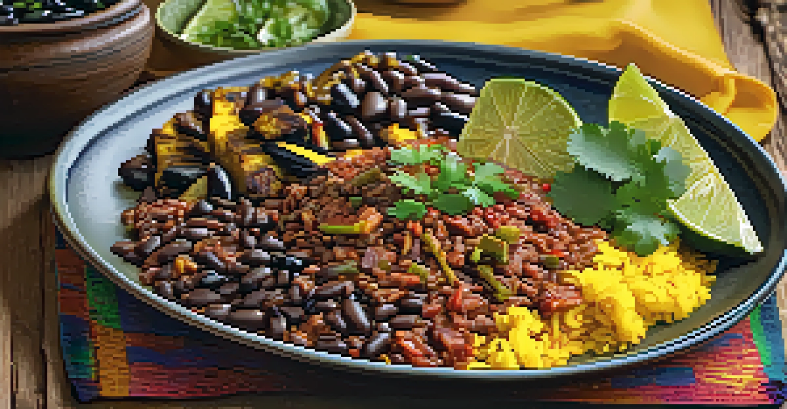 A plate of Cuban ropa vieja with yellow rice, black beans, and fried plantains, beautifully garnished and presented on a rustic table.