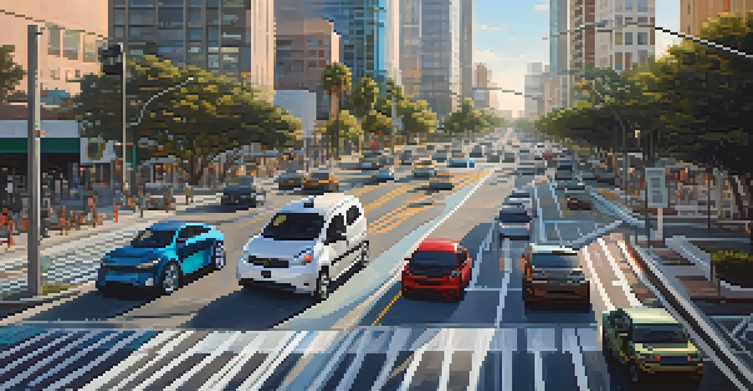A busy intersection in Florida with smart traffic systems, electric vehicles, and bike lanes, set against a modern city skyline.