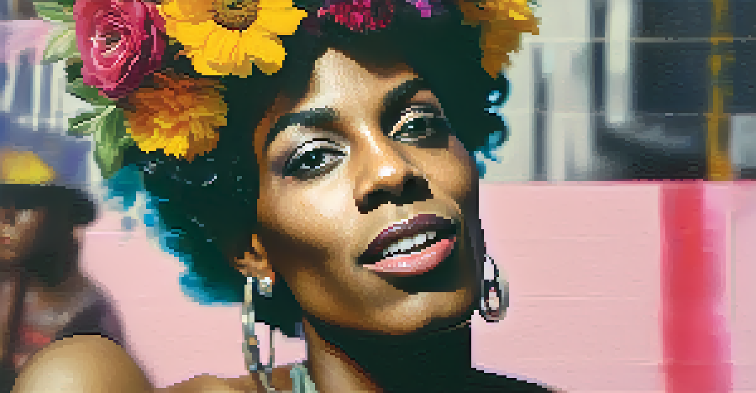 A close-up portrait of Marsha P. Johnson wearing a flower crown and vibrant makeup, with a warm light highlighting her expressive face, showcasing her strength and determination.