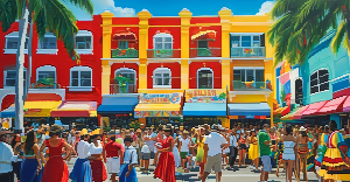 A lively street festival in Miami featuring colorful floats, traditional dancers, and a diverse crowd enjoying food and music under a sunny sky.