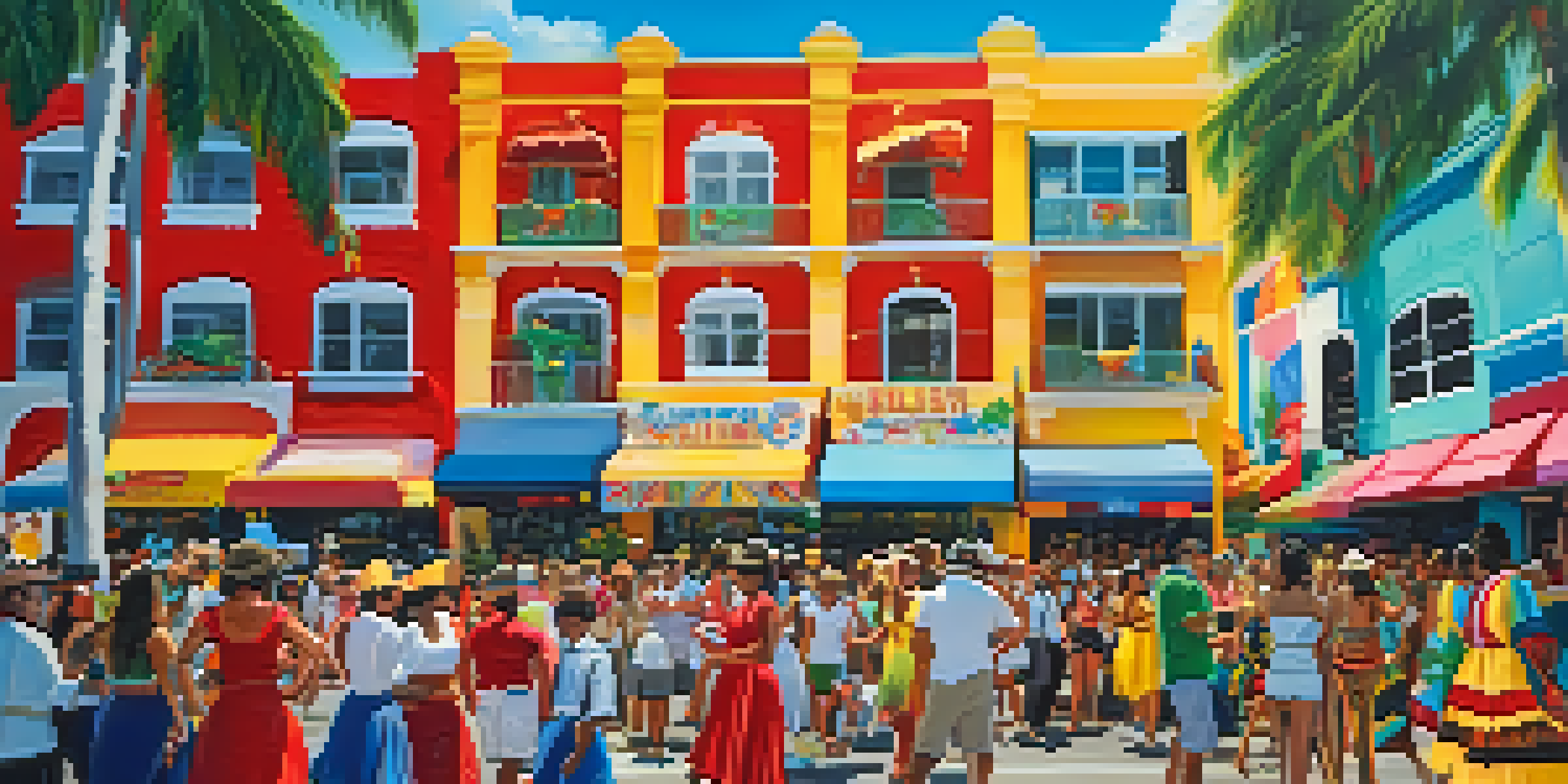 A lively street festival in Miami featuring colorful floats, traditional dancers, and a diverse crowd enjoying food and music under a sunny sky.
