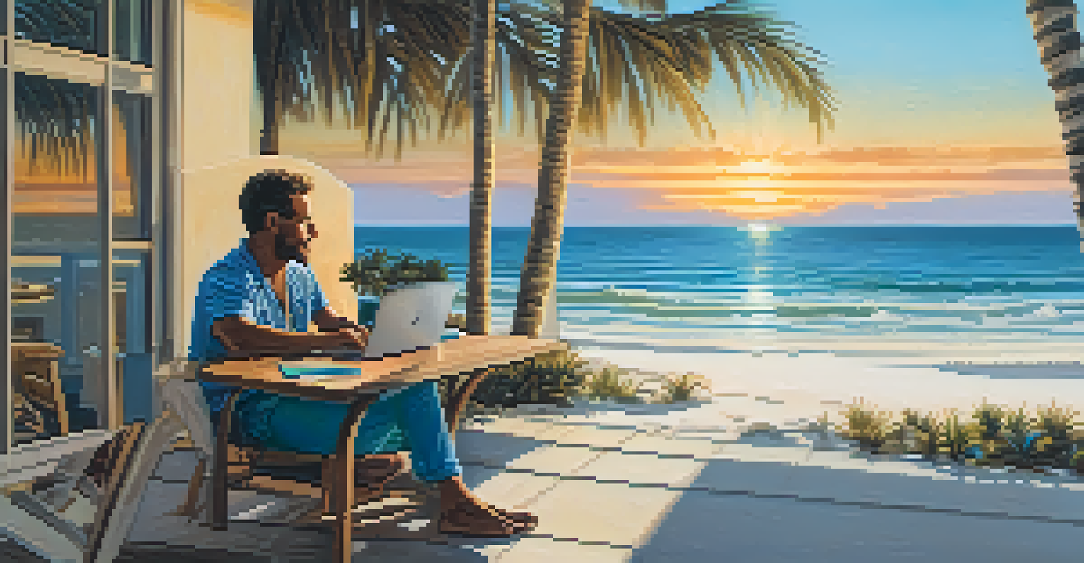 A remote worker enjoying the beach view while working on a laptop at a patio table in Florida during sunset.